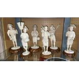 SIX JAPANESE MEIJI PERIOD TOKYO SCHOOL IVORY OKIMONO OF FARMERS AND LABOURERS ON WOODEN BASES,