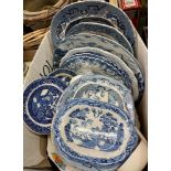 BOX CONTAINING BLUE AND WHITE TRANSFER PRINTED PLATTERS, PLATES,