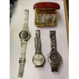 TRAVELLING ALARM CLOCK AND SOME GENTS TIMEX AND QUARTZ WRISTWATCHES