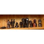 SELECTION OF AFRICAN EBONY AND HARDWOOD TRIBAL CARVED BUSTS AND SOAPSTONE CARVINGS