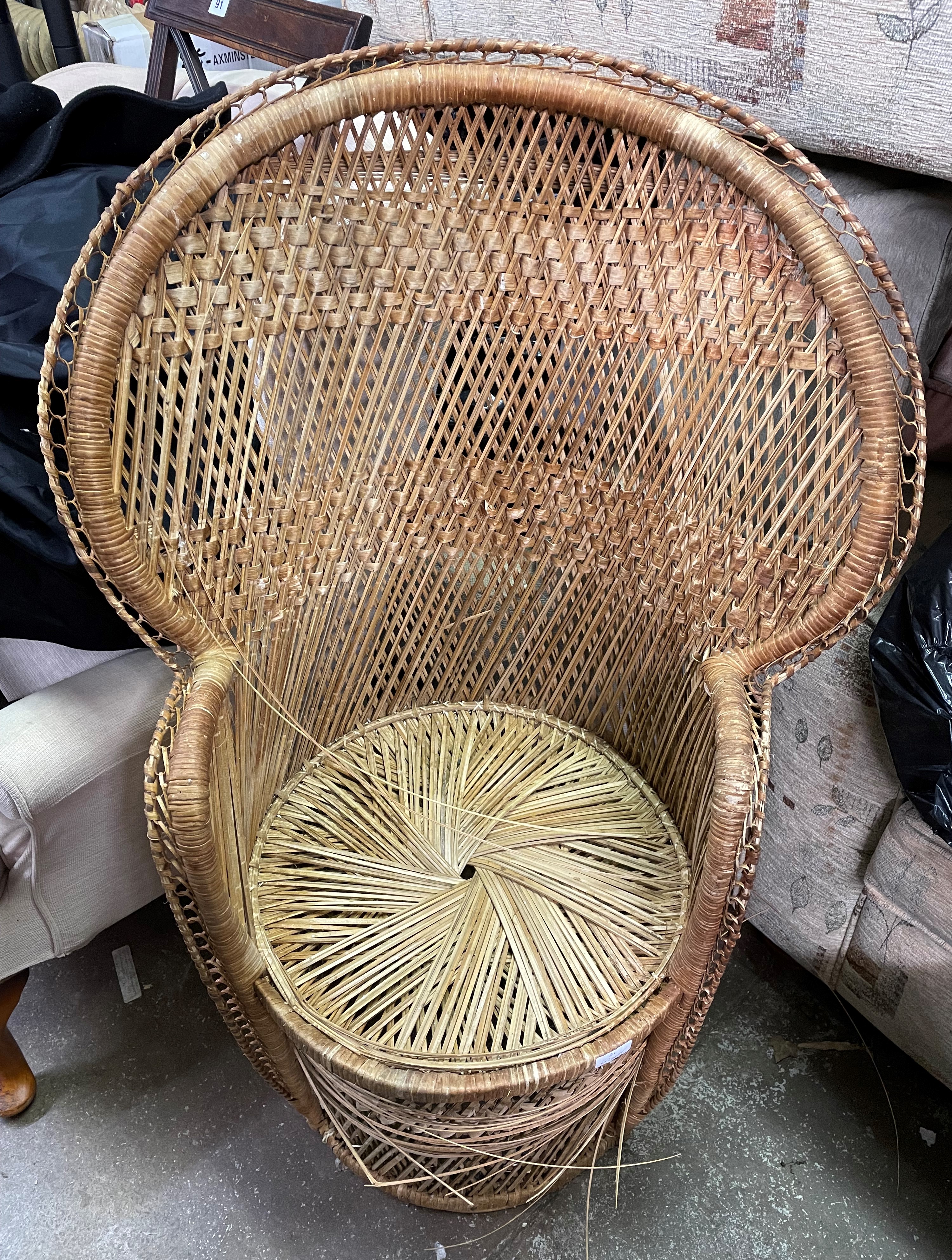TWO SEAGRASS AND RATTAN FAN BACK CHAIRS