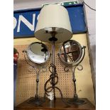 WROUGHT IRON WORK PAIR OF TOILET MIRRORS AND SIMILAR STYLE TABLE LAMP