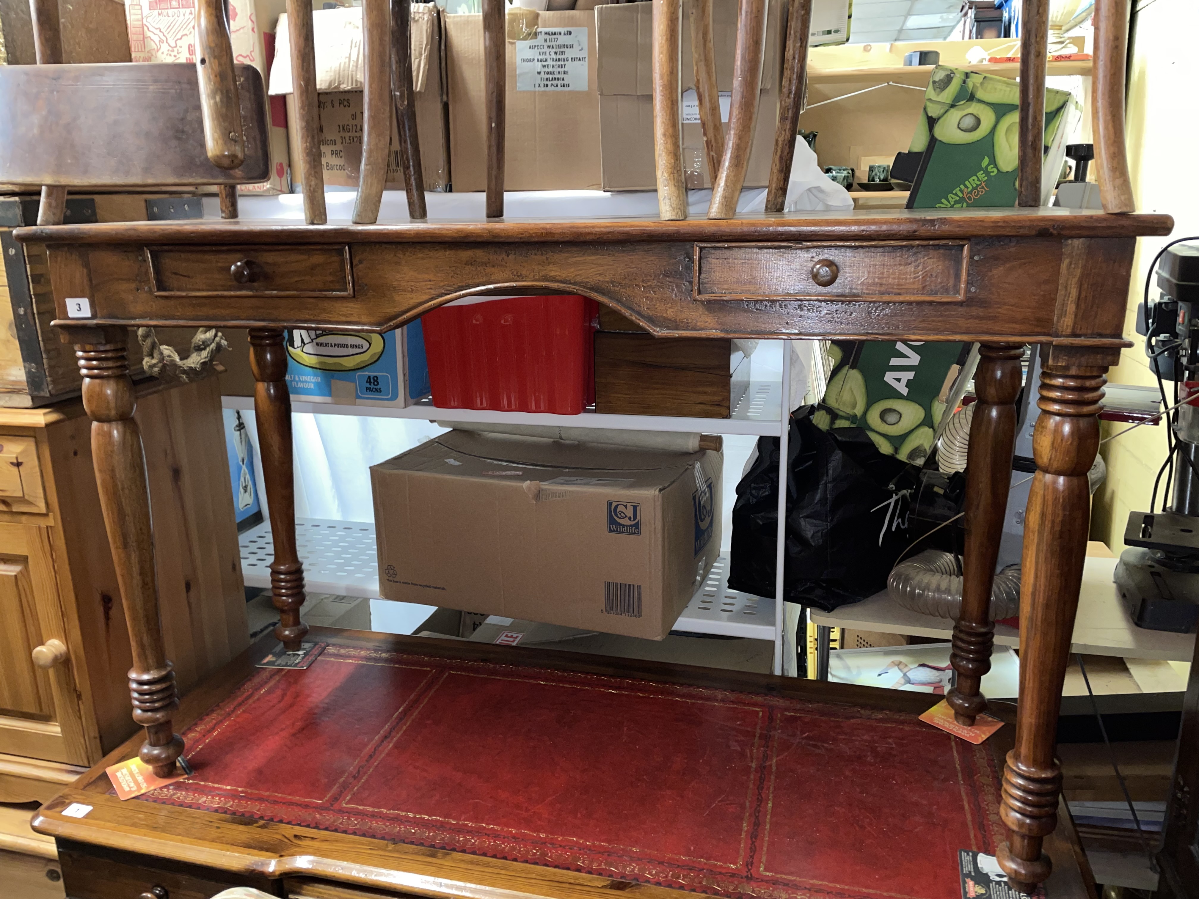 DARK STAINED HARDWOOD SIDE TABLE WITH TWO DRAWERS ON RING TURNED LEGS - Image 2 of 2