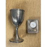 VICTORIAN LONDON SILVER ENGRAVED PARCEL GILT GOBLET 4.2OZ APPROX AND A SILVER CASED ARID.