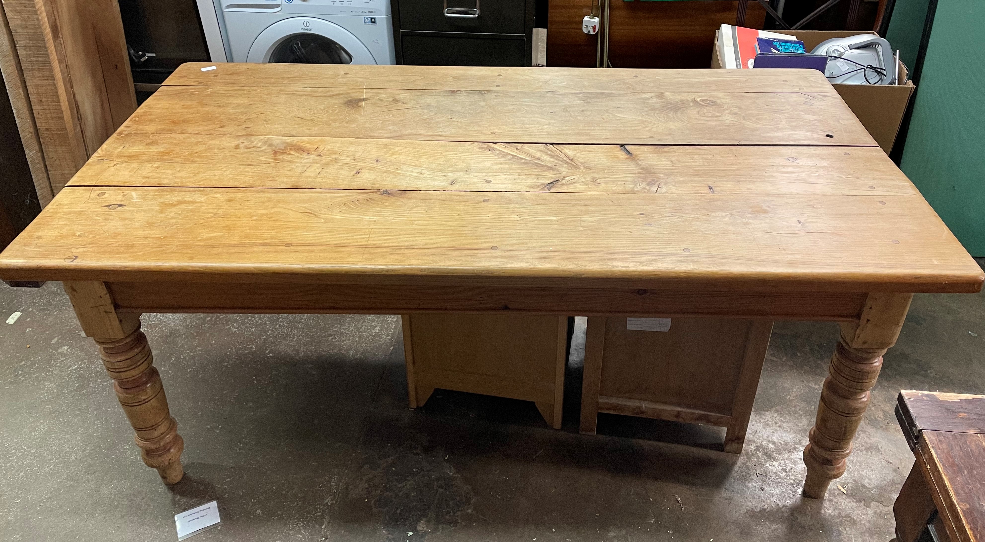 VICTORIAN PINE FARMHOUSE TABLE WITH FITTED DRAWER ON RING TURNED LEGS 182CM LENGTH X 94CM WIDTH