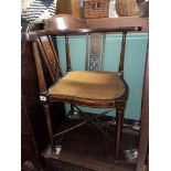 EDWARDIAN BEECH AND LINE INLAID CORNER CHAIR WITH CROSS STRETCHER