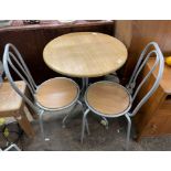 OAK EFFECT AND TUBULAR METAL BISTRO TABLE AND TWO CHAIRS