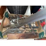 CARTON CONTAINING A SELECTION OF WOOD SAWS, BRACE DRILLS, JACK PLANE,