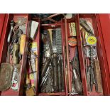 RED CANTILEVER TOOL BOX CONTAINING MICROMETERS,