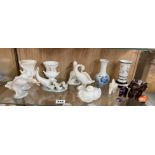 SHELF OF LLADRO AND NAO GEESE, ROYAL COPENHAGON 2880 SPILL VASE, SMALL ELEPHANT FIGURE GROUPS,