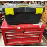 YELLOW/BLACK STANLEY TYPE TOOL BOX CONTAINING CUTTING DISKS, CORDLESS SANDER,
