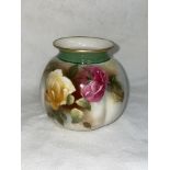 ROYAL WORCESTER RIBBED BULBOUS POT PAINTED WITH ROSES (MINOR CHIP TO INNER RIM)