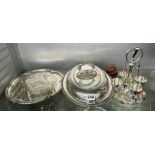 EPNS ENGRAVED ENTREE DISH AND COVER, FOUR CUP CRUET SET,