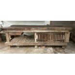 VINTAGE WORKSHOP BENCH WITH ATTACHED BENCH VICE AND SLATTED STORAGE UNDERTIER 232CM L X 85CM H