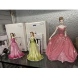 TWO BOXED ROYAL DOULTON GEMSTONE CHINA FIGURES RUBY AND PERIDOT AND A COALPORT FIGURE ENTITLED