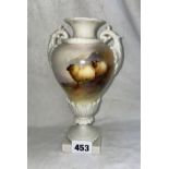 ROYAL WORCESTER #1937 TWIN HANDLED OVOID VASE PAINTED WITH RAMS ON HILLSIDE BY E.J.