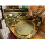 BRASS EMBOSSED MAGAZINE RACK AND THREE WARMING PANS