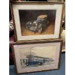 PRINT OF A VINTAGE CAR IN BARN AND A 1930S PRINT AT THE AIRPORT