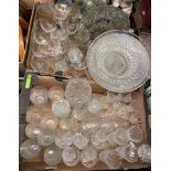 TWO BOXES OF GLASSWARE, DECANTERS, BOWLS,