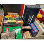 LARGE BOX OF BOARD GAMES, SCRABBLE, MONOPOLY, AND VINTAGE TINS,