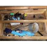 PINE CARPENTRY TOOL BOX ON WHEELS CONTAINING A FEW TOOLS