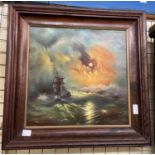 OIL ON CANVAS OF A SHIP IN STORMY SEA IN MOULDED OAK FRAME,