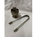 SMALL SILVER CUP AND LATE GEORGIAN PAIR OF SUGAR TONGS