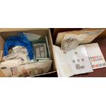 BOX OF MISCELLANEOUS PHILATELY MAINLY GB, INCLUDING FIRST DAY COVERS, LOOSE STAMPS, POSTCARDS,