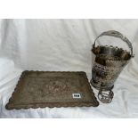EASTERN WHITE METAL TAPERED ICE PAIL DECORATED WITH ELEPHANTS AND A RECTANGULAR TRAY