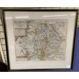 ANTIQUARIAN HAND TINTED MAP OF WARWICKSHIRE BY WILLIAM KIP AFTER CHRISTOPHER SAXTON FRAMED AND