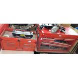 TWO RED MECHANICS TOOL CHESTS WITH VARIOUS MICROMETERS, GAUGES,