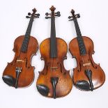 Two Continental Violins and a Viola, early to mid 20th century, viola body length 15.5 in — 39.4 cm