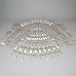 Group of Georgian and Victorian Silver Fiddle Pattern Flatware, 19th century (108 Pieces)