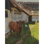 Knud Edsberg (1911-2003), CALF IN A FARMYARD WITH CHICKENS, Oil on canvas; signed "Edsberg" lower ri