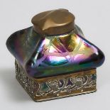 Austrian Gilt-Metal Mounted Iridescent Glass Inkwell, c.1900, height 3.2 in — 8.2 cm