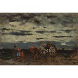 Hungarian (19th/20th Century), PEASANTS IN THE STORM, 1947, Oil on canvasboard; indistinctly signed