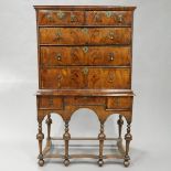 William and Mary Cross Banded Figured Walnut Chest on Stand, early 18th century, 59.5 x 35 x 19 in —