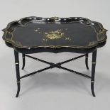 Victorian Black Lacquered Papier Maché Tea Tray on Stand, mid 19th century and Later, 19 x 33 x 24.5