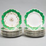 Eighteen English Porcelain Apple Green and Gilt Banded Plates, mid-19th century, diameter 9.1 in — 2