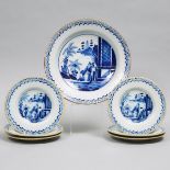 Delft Blue Painted Charger and Six Plates, 18th century, diameter 13.4 in — 34 cm; 9.1 in — 23 cm (7