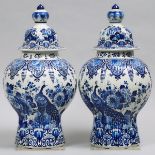 Pair of Delft Fluted Octagonal Baluster Covered Vases, 20th century, height 20.5 in — 52 cm (2 Piece