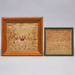 Two Ontario Samplers, 1842/43, larger 14.5 x 15.75 in — 36.8 x 40 cm