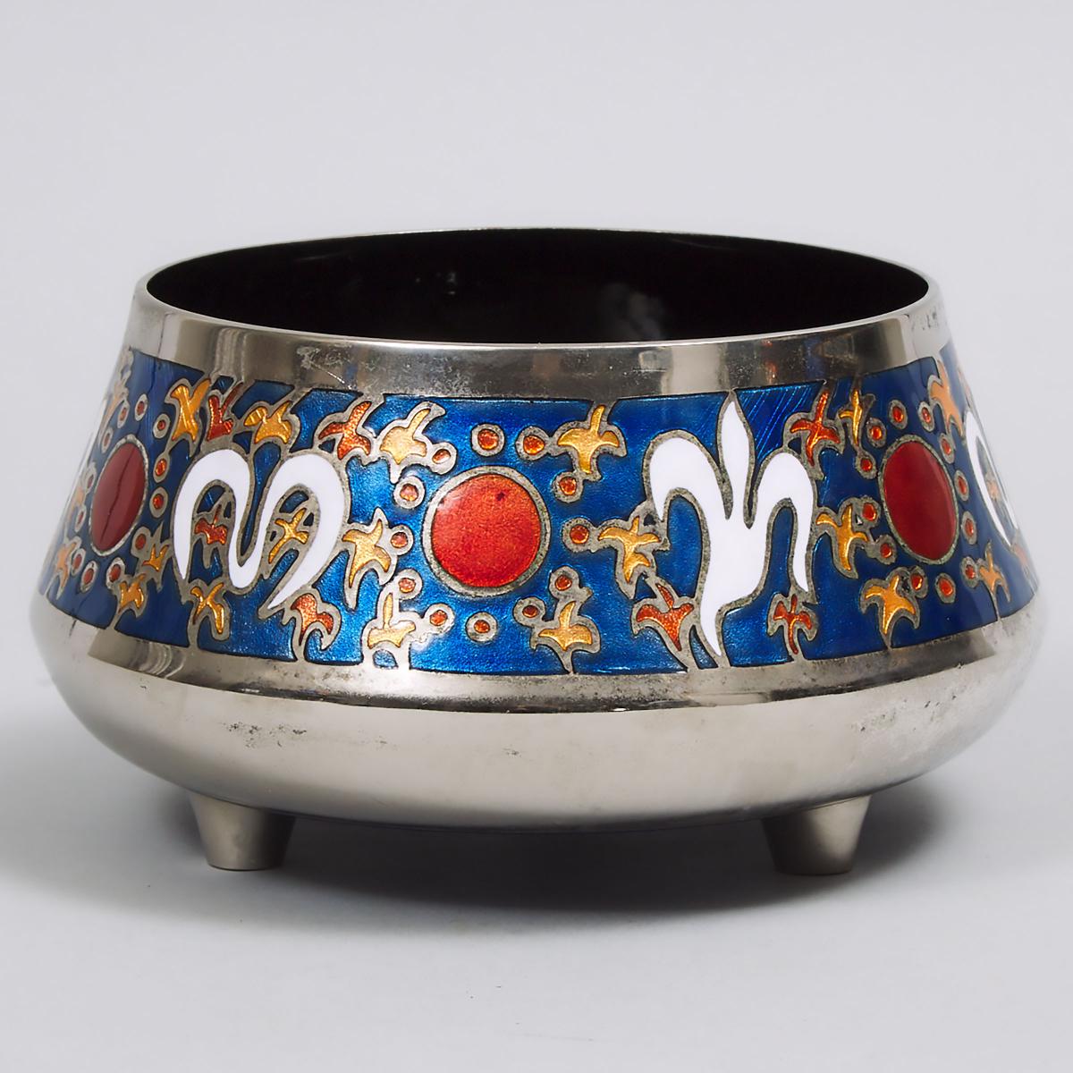 Miguel Pineda Enamelled and Nickelled Copper Footed Bowl, Mexico, mid 20th century, height 3.9 in — - Image 2 of 4