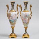 Pair of Gilt Bronze and Champlevé Enamel Mounted 'Sèvres' Vases, c.1900, height 14.5 in — 36.8 cm (