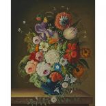 Christian Karner (20th Century), STILL LIFE OF MORNING GLORIES, ROSES, IRISES, TULIPS, DAISIES, CHRY