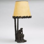 French Patinated Bronze Bacchanalian Figural Group Desk Lamp, early 20th century, base, exclusive of