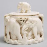 Indian Carved Ivory Elephant Parade Dresser Box, early-mid 20th century, height 4 in — 10.2 cm