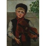 Florence Sabine Mann (fl. 1895-1925), STREET URCHIN WITH VIOLIN, Oil on canvas; signed "F. Mann" low