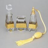 Two Moser Etched and Gilt Cut Glass Perfume Bottles and Dresser Jar, 20th century, largest height 6.