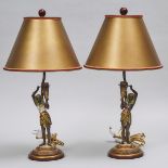 Pair of Cold Painted Metal Egyptian Revival Figural Candlestick Lamps, early 20th century, overall h